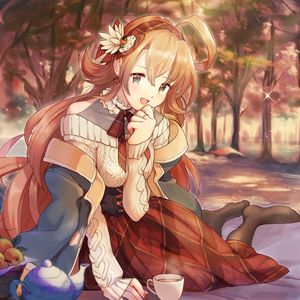 Preview wallpaper girl, smile, picnic, autumn, anime
