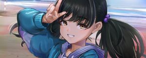 Preview wallpaper girl, smile, ponytails, gesture, anime