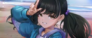 Preview wallpaper girl, smile, ponytails, gesture, anime