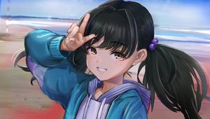 Preview wallpaper girl, smile, ponytails, gesture, anime