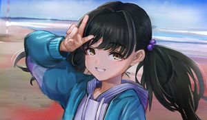 Preview wallpaper girl, smile, ponytails, gesture, anime