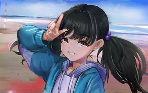 Preview wallpaper girl, smile, ponytails, gesture, anime