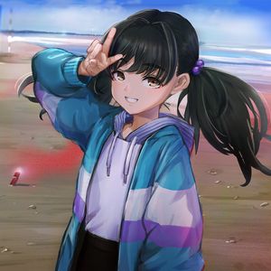 Preview wallpaper girl, smile, ponytails, gesture, anime