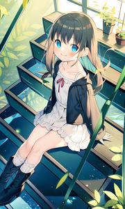 Preview wallpaper girl, smile, pose, steps, stairs, anime