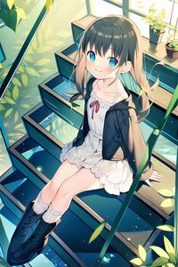 Preview wallpaper girl, smile, pose, steps, stairs, anime