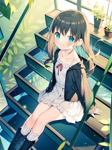 Preview wallpaper girl, smile, pose, steps, stairs, anime