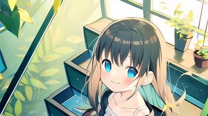 Preview wallpaper girl, smile, pose, steps, stairs, anime
