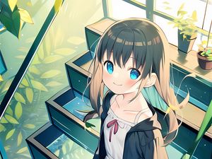 Preview wallpaper girl, smile, pose, steps, stairs, anime