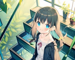 Preview wallpaper girl, smile, pose, steps, stairs, anime