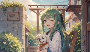 Preview wallpaper girl, smile, puppy, art, anime