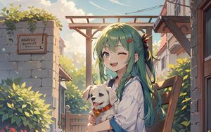 Preview wallpaper girl, smile, puppy, art, anime