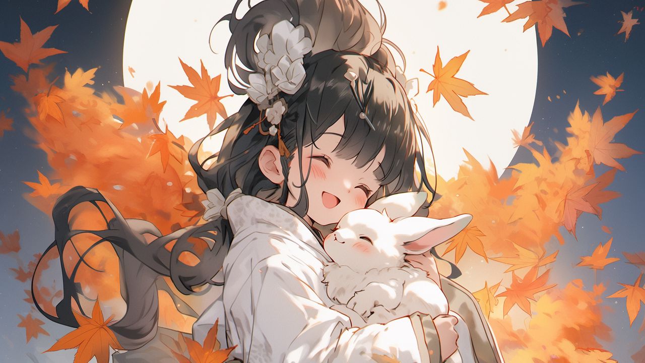 Wallpaper girl, smile, rabbit, kimono, autumn, anime, art