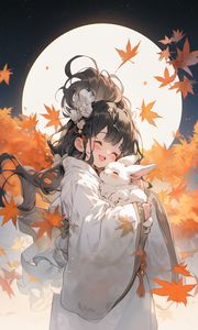 Preview wallpaper girl, smile, rabbit, kimono, autumn, anime, art