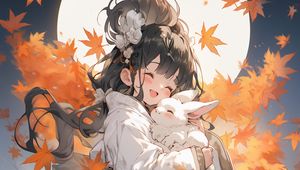 Preview wallpaper girl, smile, rabbit, kimono, autumn, anime, art