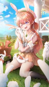 Preview wallpaper girl, smile, rabbits, anime, art