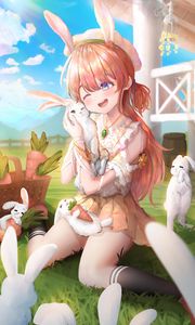 Preview wallpaper girl, smile, rabbits, anime, art
