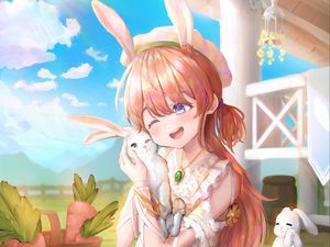 Preview wallpaper girl, smile, rabbits, anime, art