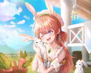 Preview wallpaper girl, smile, rabbits, anime, art