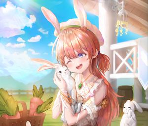 Preview wallpaper girl, smile, rabbits, anime, art
