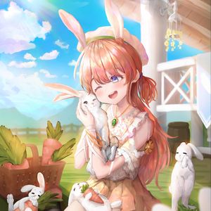 Preview wallpaper girl, smile, rabbits, anime, art
