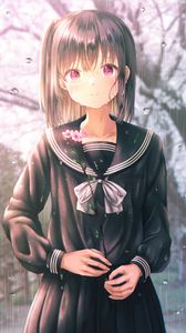 Preview wallpaper girl, smile, rain, drops, flowers, anime