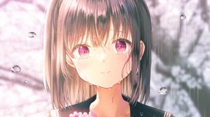 Preview wallpaper girl, smile, rain, drops, flowers, anime