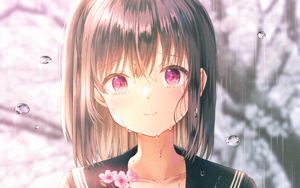 Preview wallpaper girl, smile, rain, drops, flowers, anime