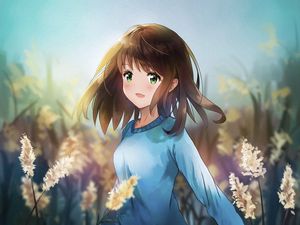 Preview wallpaper girl, smile, reeds, field, anime