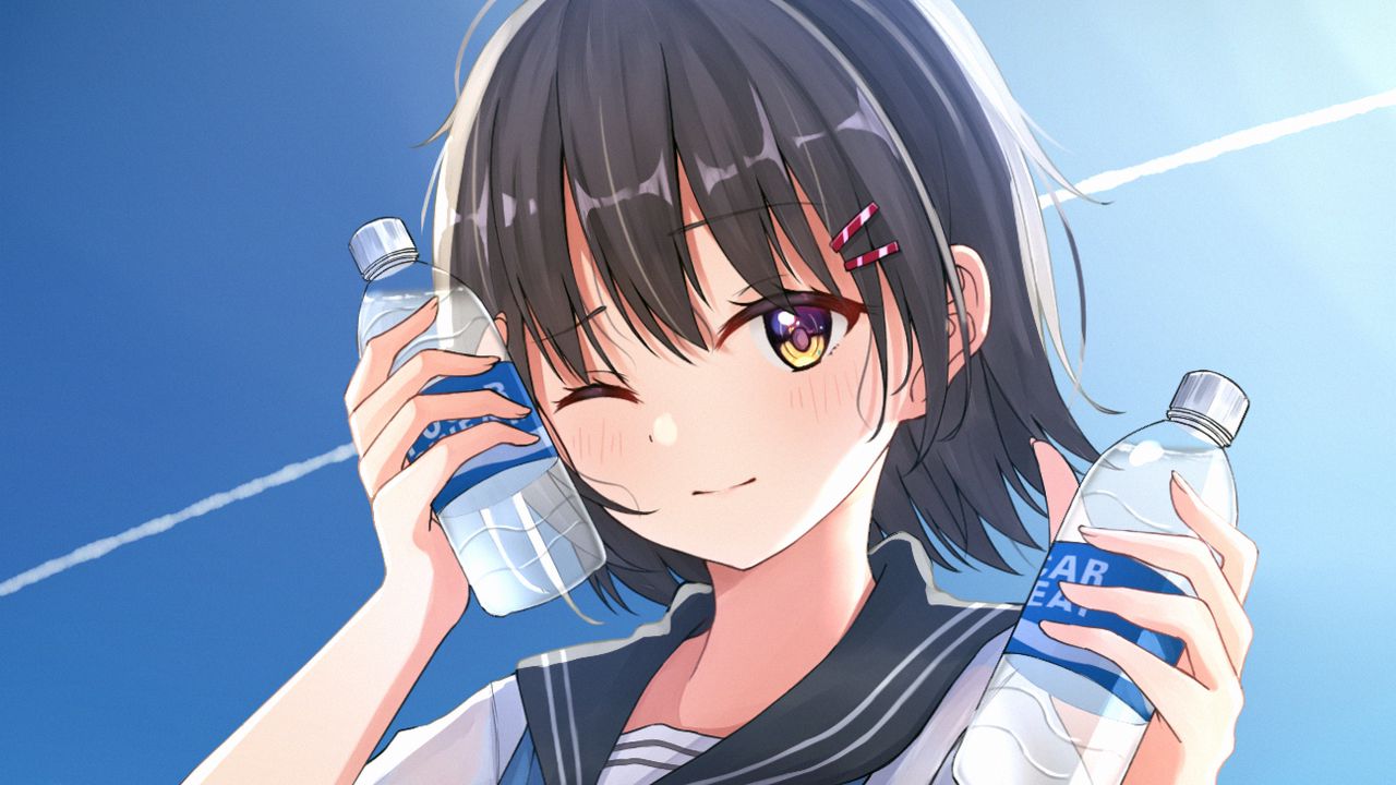 Wallpaper girl, smile, sailor suit, bottles, anime