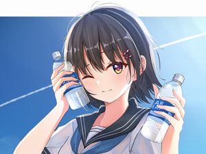 Preview wallpaper girl, smile, sailor suit, bottles, anime