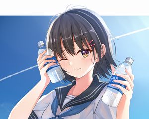 Preview wallpaper girl, smile, sailor suit, bottles, anime