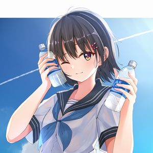 Preview wallpaper girl, smile, sailor suit, bottles, anime