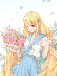 Preview wallpaper girl, smile, sailor suit, flowers, anime