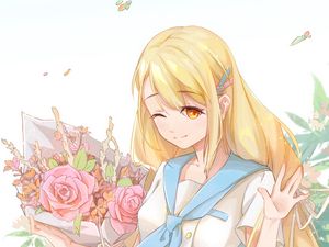 Preview wallpaper girl, smile, sailor suit, flowers, anime