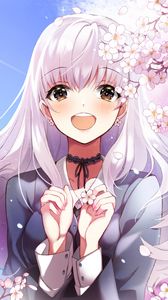 Preview wallpaper girl, smile, sakura, flowers, happy, anime