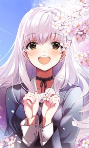 Preview wallpaper girl, smile, sakura, flowers, happy, anime