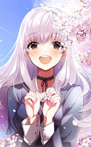 Preview wallpaper girl, smile, sakura, flowers, happy, anime