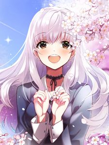 Preview wallpaper girl, smile, sakura, flowers, happy, anime