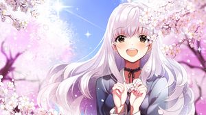 Preview wallpaper girl, smile, sakura, flowers, happy, anime