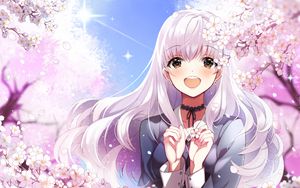 Preview wallpaper girl, smile, sakura, flowers, happy, anime