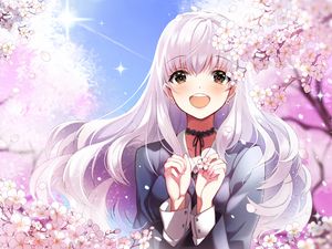 Preview wallpaper girl, smile, sakura, flowers, happy, anime