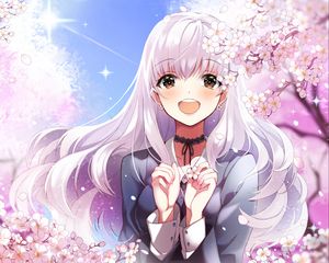 Preview wallpaper girl, smile, sakura, flowers, happy, anime