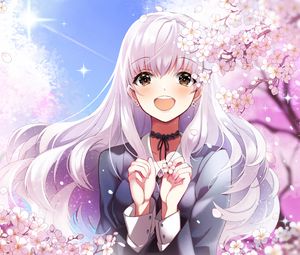 Preview wallpaper girl, smile, sakura, flowers, happy, anime