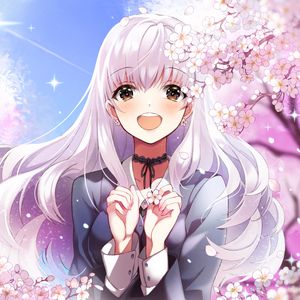 Preview wallpaper girl, smile, sakura, flowers, happy, anime