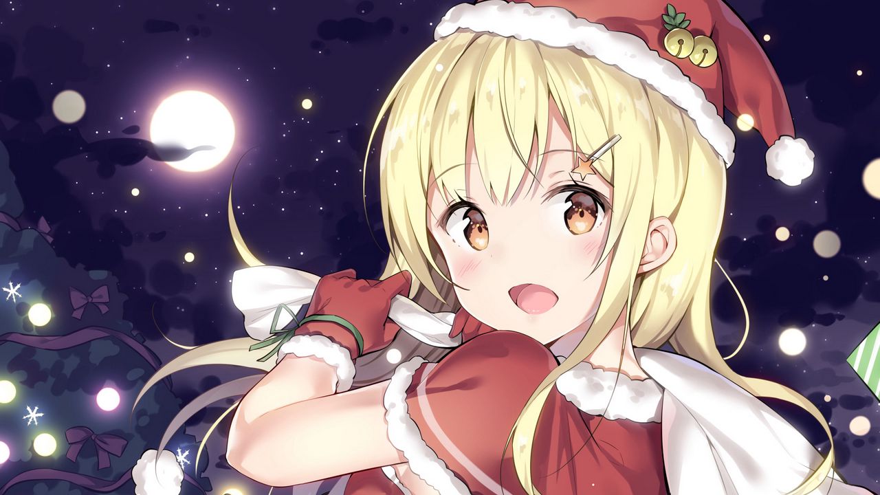 Wallpaper girl, smile, santa, costume, gifts, anime