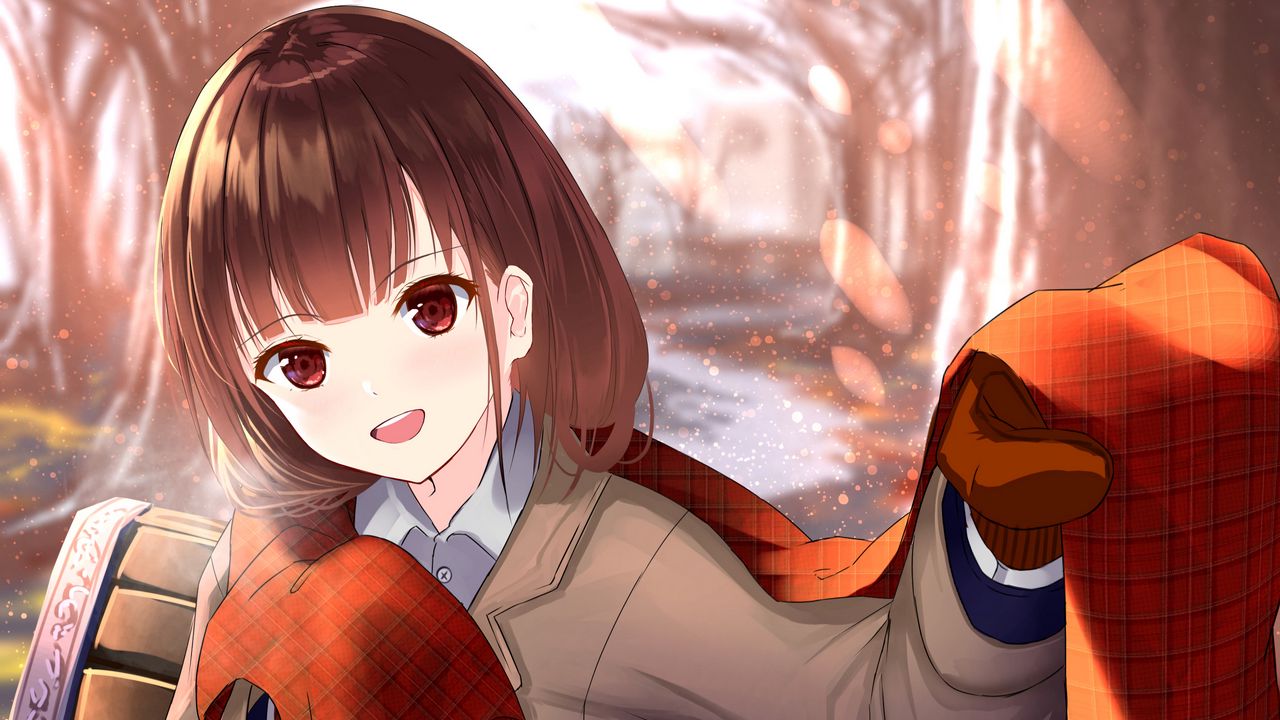 Wallpaper girl, smile, scarf, autumn, anime, art, cartoon