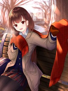 Preview wallpaper girl, smile, scarf, autumn, anime, art, cartoon