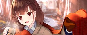 Preview wallpaper girl, smile, scarf, autumn, anime, art, cartoon