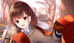 Preview wallpaper girl, smile, scarf, autumn, anime, art, cartoon