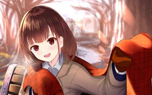 Preview wallpaper girl, smile, scarf, autumn, anime, art, cartoon